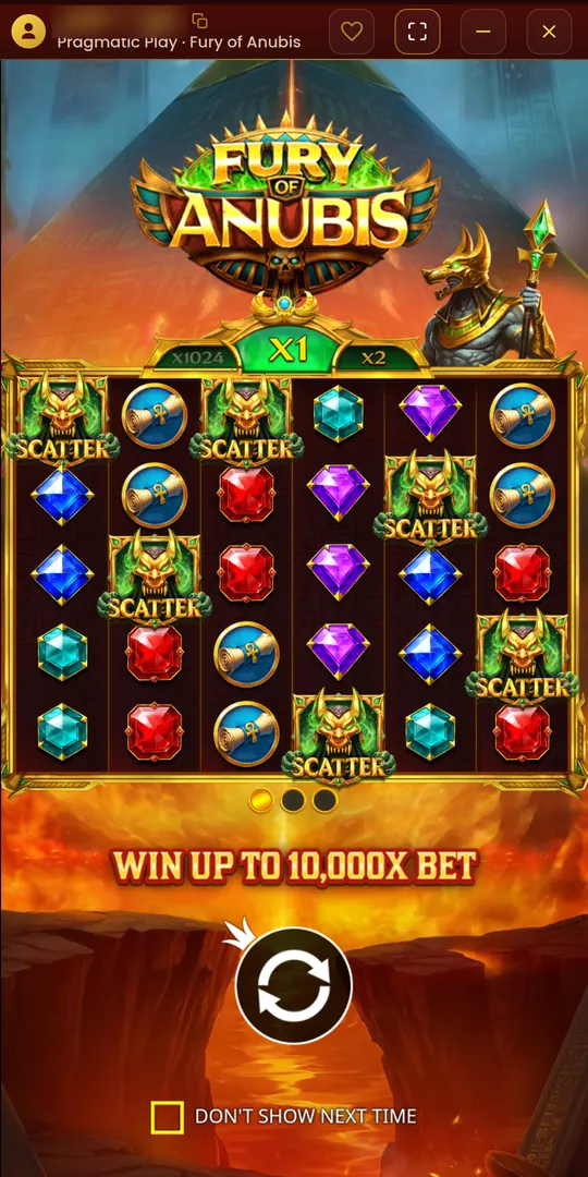 Fury of Anubis slot running full-screen in the Pragmatic Play Myanmar app