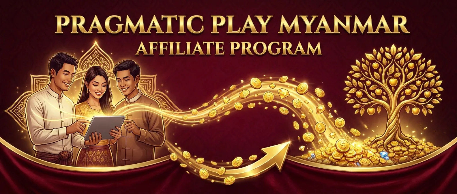 Pragmatic Play Myanmar affiliate program — friends sharing a referral link while gold coins flow back as monthly commission