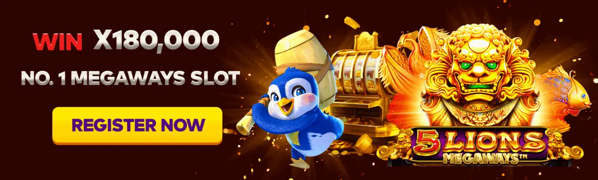 5 Lions Megaways banner: win up to 180,000x